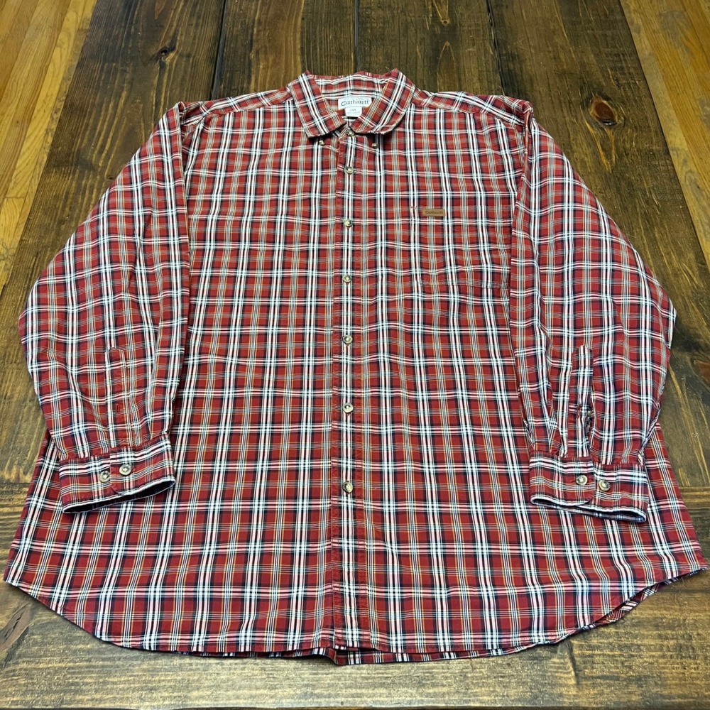 Carhartt Mens Plaid Long Sleeve Button Up‎ Shirt 2XL Red Cotton Work Casual